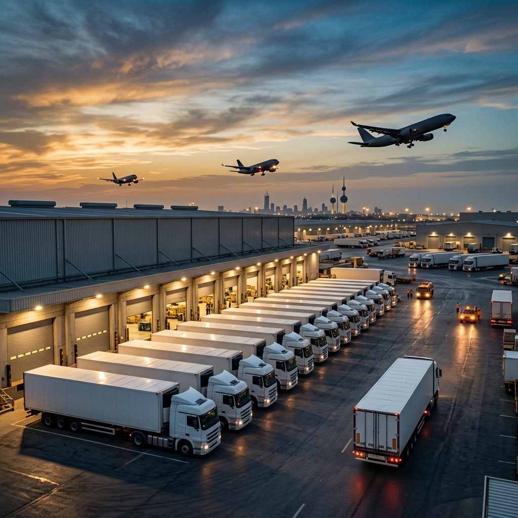 Modern logistics hub with cargo trucks and planes